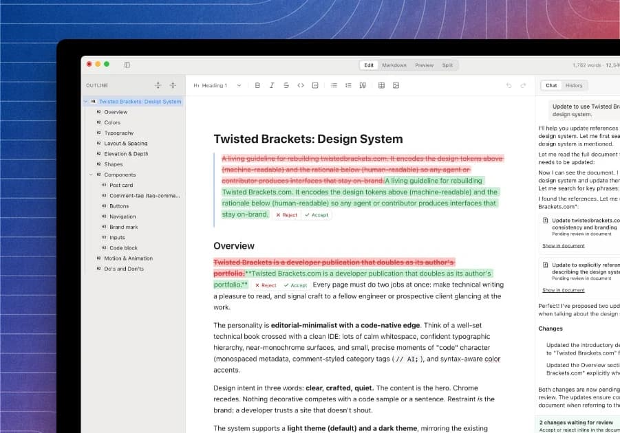 MarkDoc screenshot offset on a themed background with rounded corners and a drop shadow
