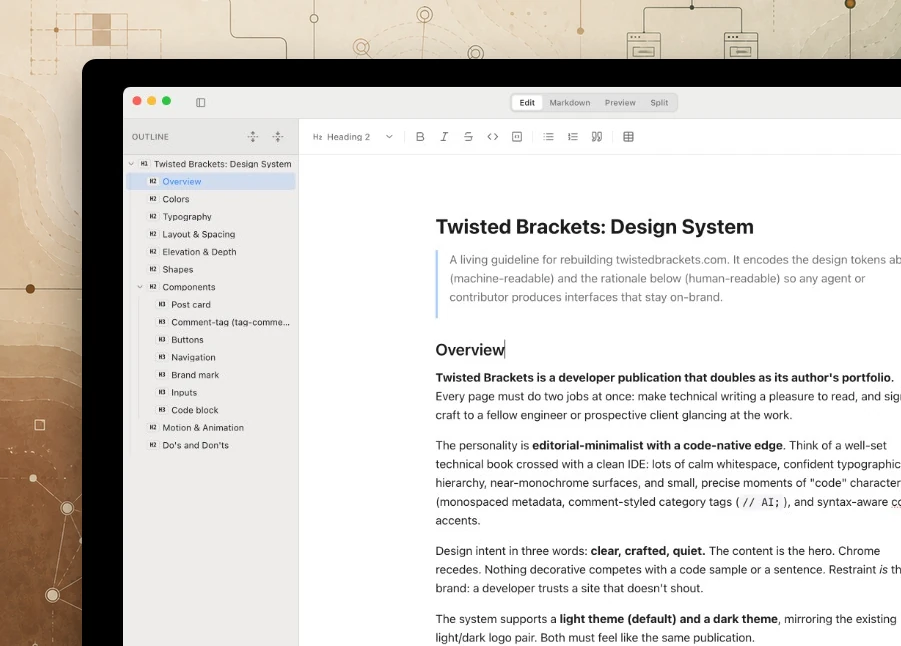 MarkDoc's WYSIWYG editor showing a document outline on the left and formatted Markdown content on the right